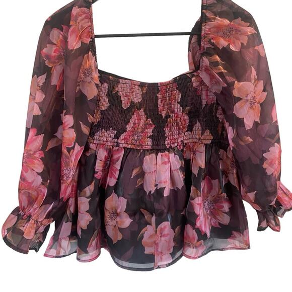 Thirty/Thirty Iridescent Floral Babydoll Puffy Sleeves Ruffle Top Sz Large - Picture 2 of 10